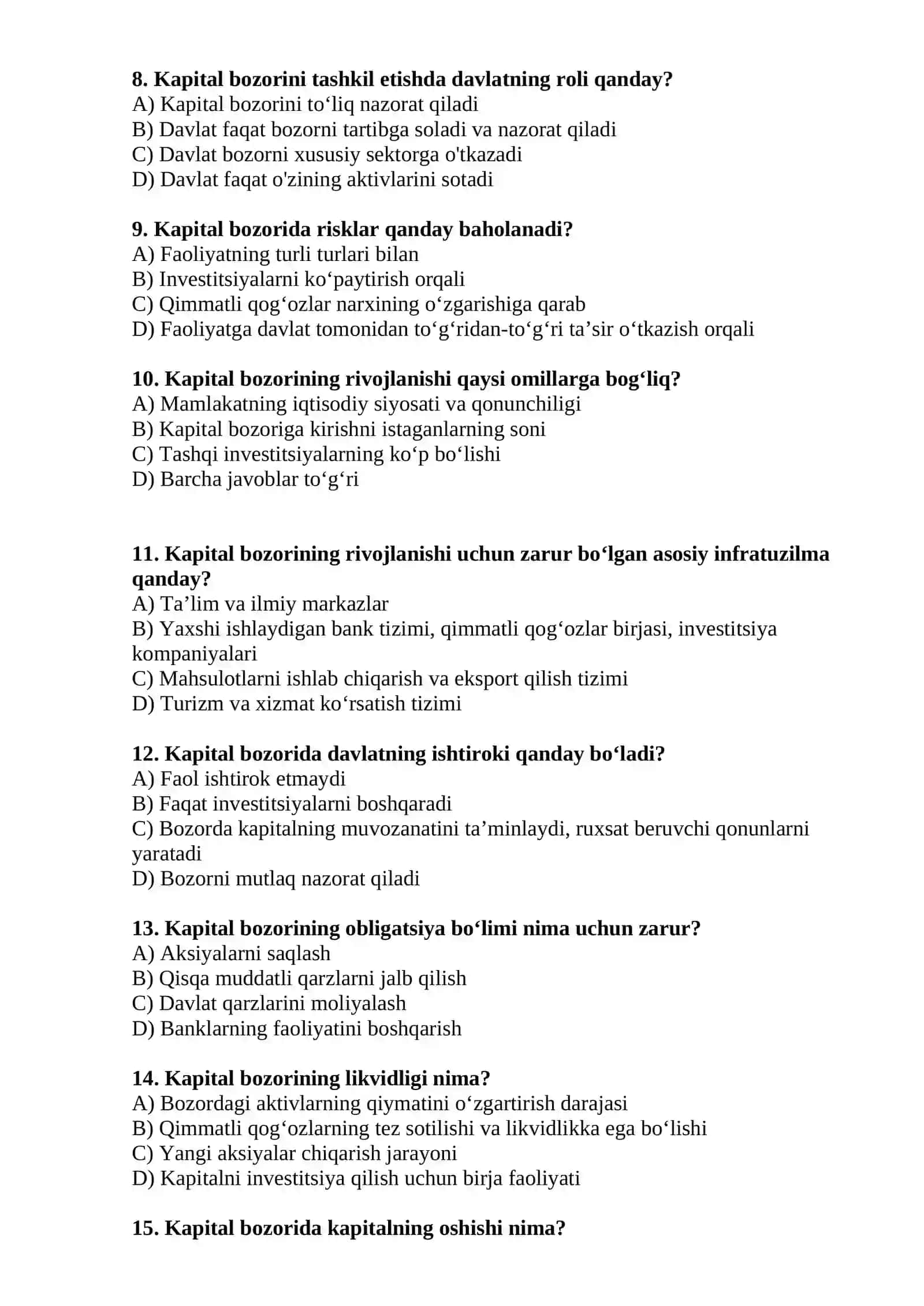 Kapital bozori va uni tashkil etish test savollari 2