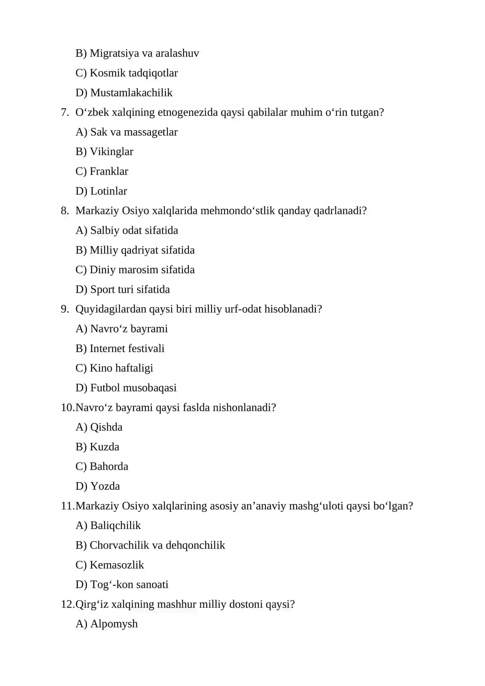 Markaziy Osiyoda istiqomat qilayotgan xalqlar tasnifi, ularning kelib chiqishi, test 2