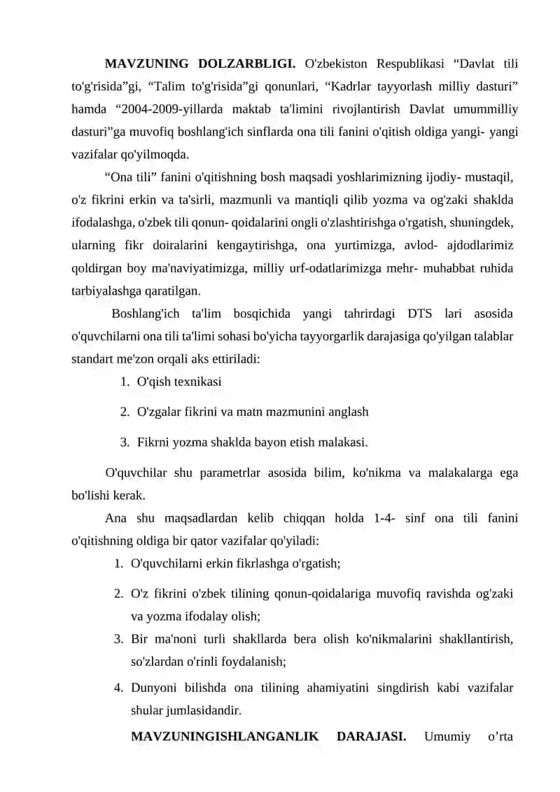 BOSHLANG'ICH TA'LIMDA ONA TILI O'QITISHNING MILLIY O'QUY DASTURI 2