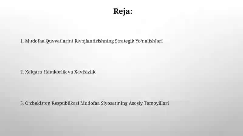 Oʻzbekiston respublikasi mudofaa siyosatining asosiy tamoyillari va yoʻnalishlar 2