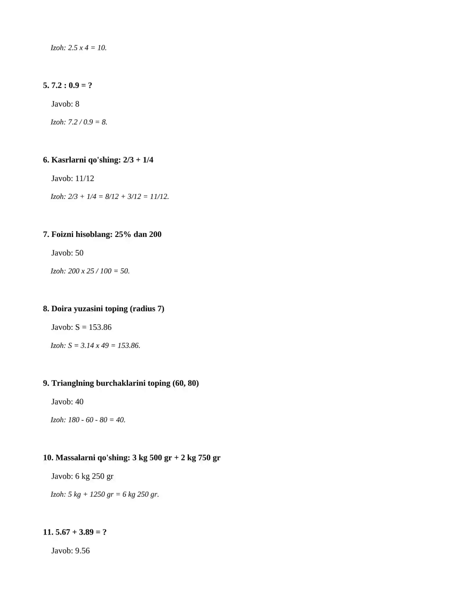 4-sinf Matematika fanidan Nazorat ishi 2