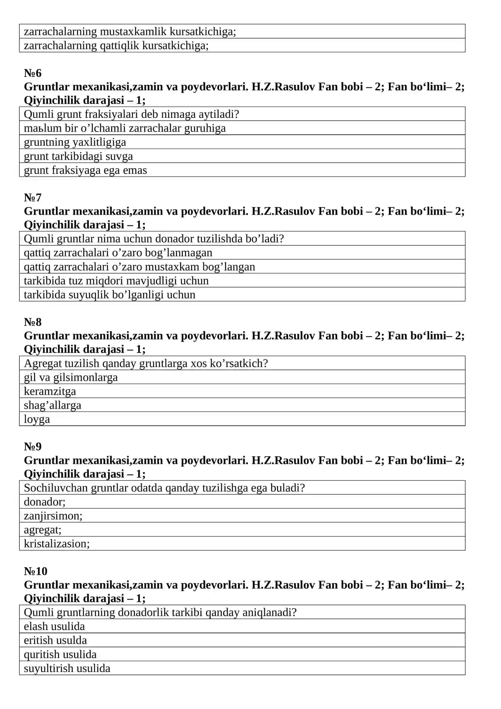 Gruntlar mexanikasi, zamin va poydevorlar fani test 2