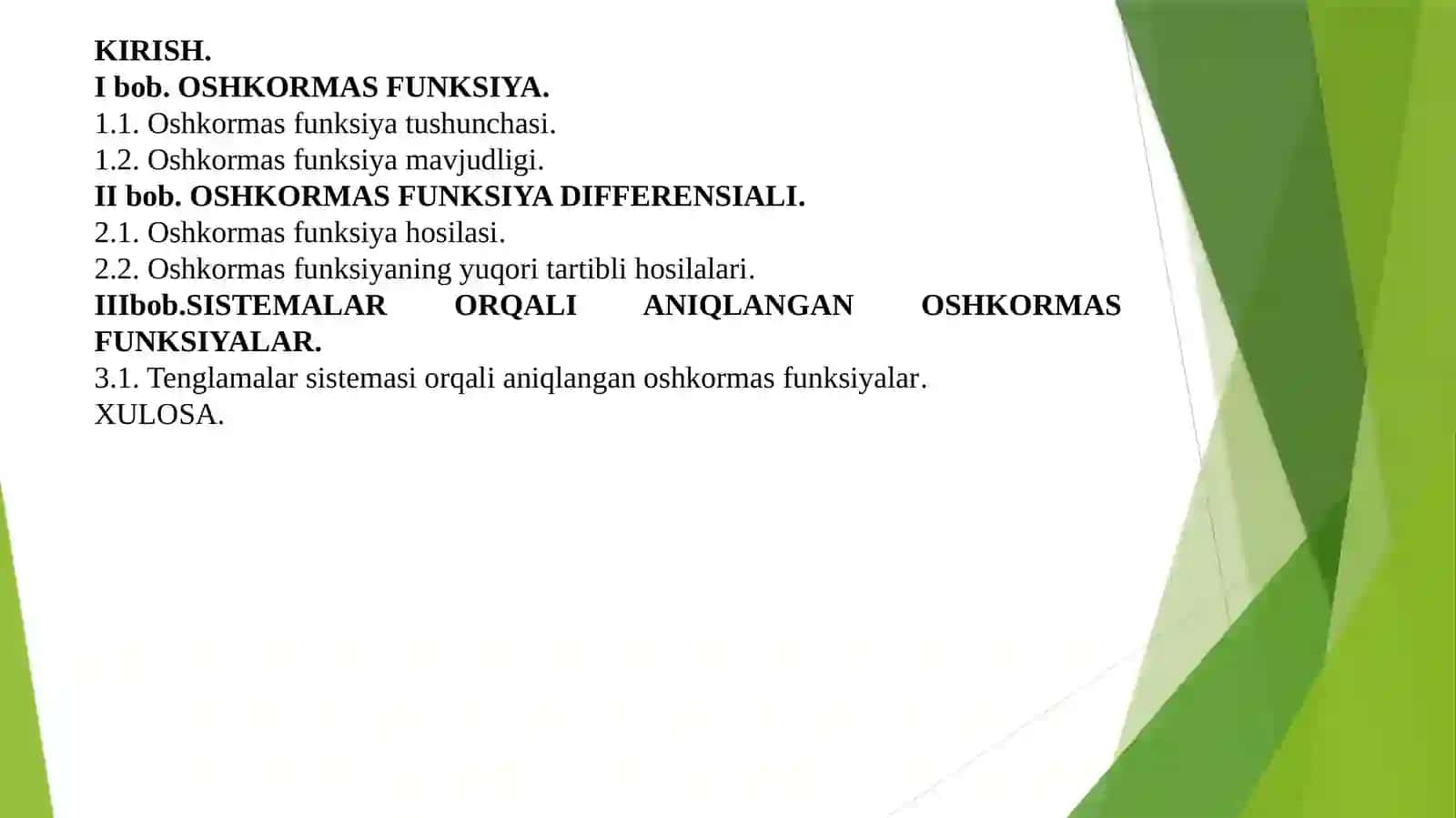 OSHKORMAS FUNKSIYALAR UZLUKSIZLIGI DIFFERENSIALLANUVCHANLIGI MAVZUSIDAGI KURS ISHI 2