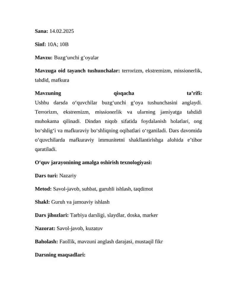 10-sinf 1-dars ishlanmasi - Buzg‘unchi g‘oyalar 2
