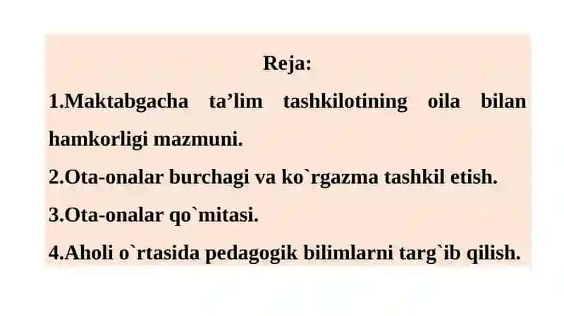 Bola ta’lim-tarbiyasida mahalla, oila va maktabgacha ta’lim tashkilotlari hamkorlik ko’nikmalarini shakillantirish va tizimni takomillashtirishning samaradorligi 2
