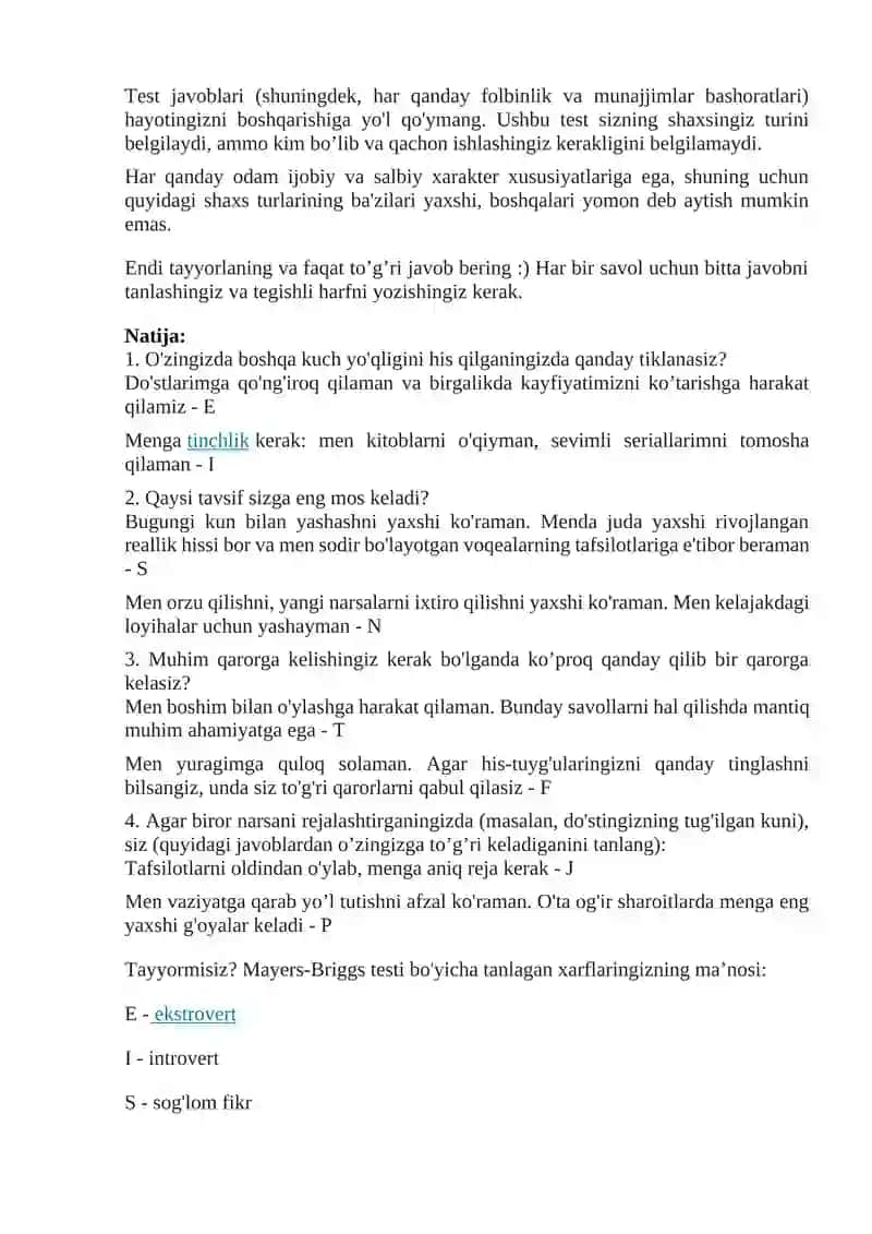 Mayers-Briggs so'rovnomasi 2