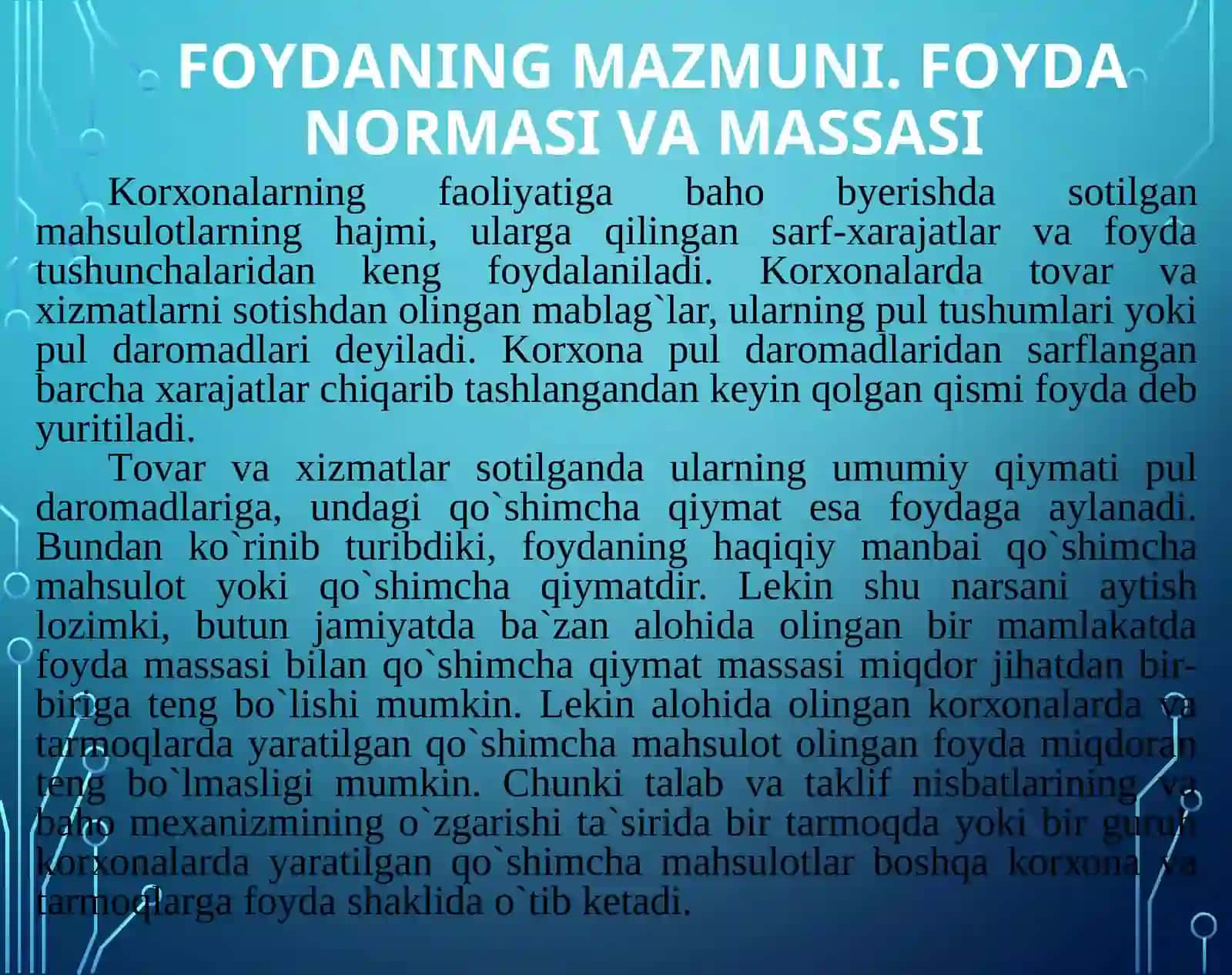 Kоrхоnалаr фаолиятига баҳо беришдан сотилган маҳсулатларнинг ҳажми, уларга қилинган сарф-харажатлар ва фойда тушунчаларидан кенг фойдаланилади 2