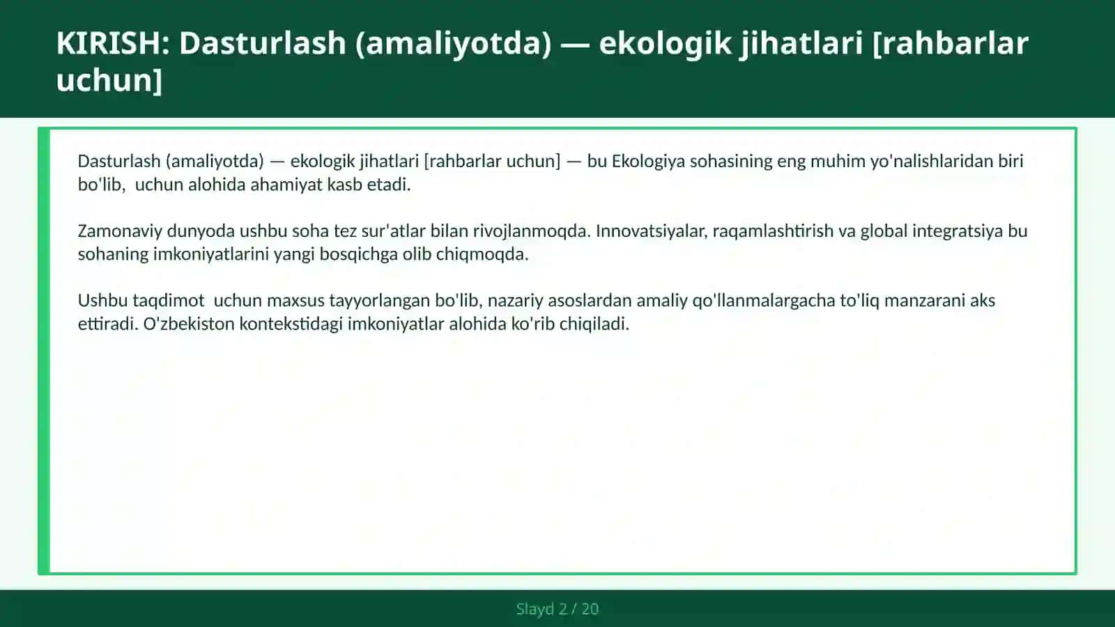 DASTURLASH (AMALIYOTDA) — EKOLOGIK JIHATLARI [RAHBARLAR UCHUN] 2