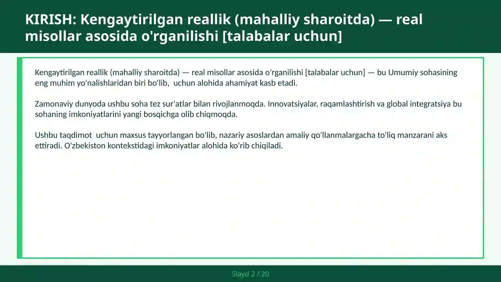 Kengaytirilgan reallik (mahalliy sharoitda) — real misollar asosida o'rganilishi [talabalar uchun] 2