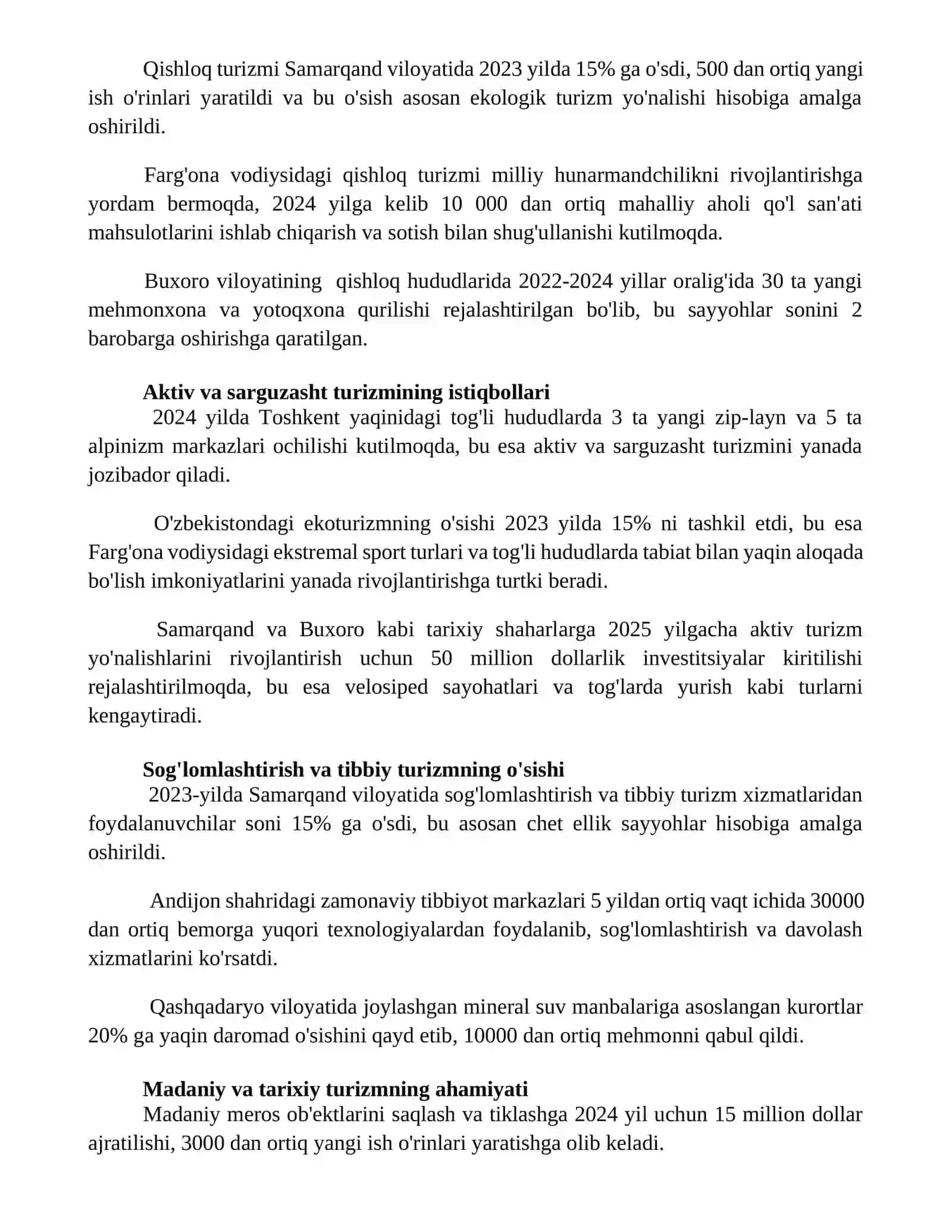 Mintaqada turizmning rivojlanishini tendensiyalari 2