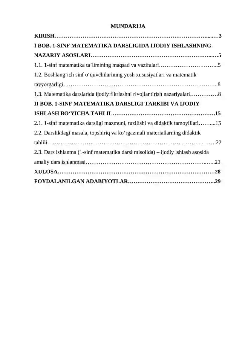 1- Sinf matematika darsligida ijodiy ishlash, darslik taxhlini amalga oshirish 2