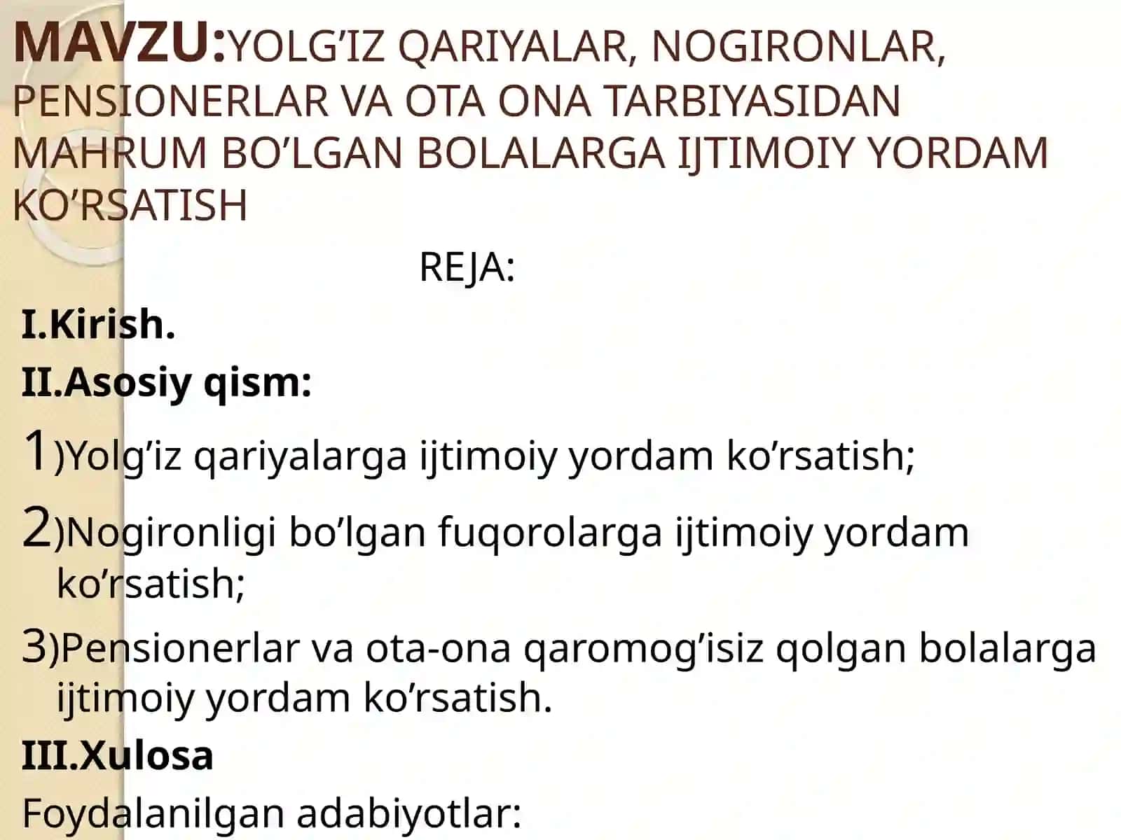 YOLG’IZ QARIYALAR, NOGIRONLAR, PENSIONERLAR VA OTA ONA TARBIYASIDAN MAHRUM BO’LGAN BOLALARGA IJTIMOIY YORDAM KO’RSATISH 2