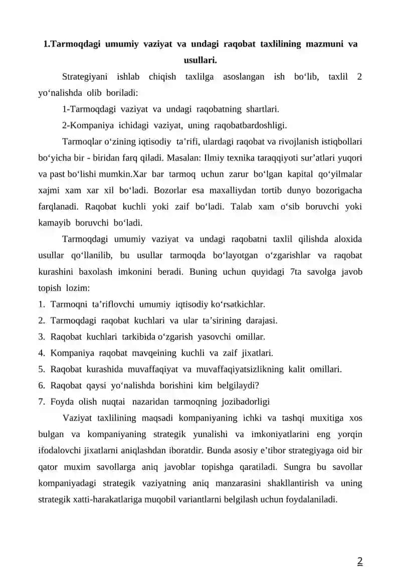 Tarmoqni tavsiflovchi umumiy iqtisodiy koʻrsatkichlarning taxlili 2