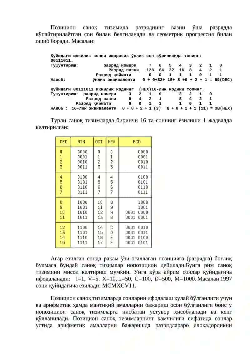 Raqamli qurilmalarda qo‘llaniladigan sanoq tizimlari. Sanoq tizimlarda foydalanidigan kodlarlarni bir turdan boshkasiga o‘tkazish 2