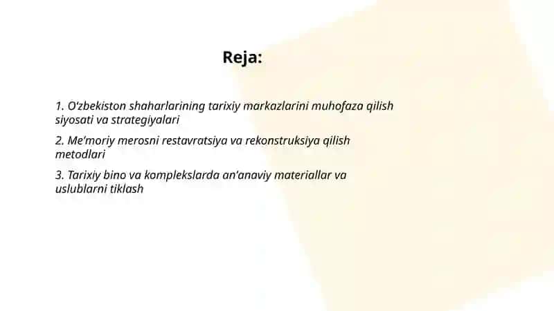 Oʻzbekiston shaharlarining asl meʼmoriy badiiy koʻrinishini asrash va rivojlantirish 2