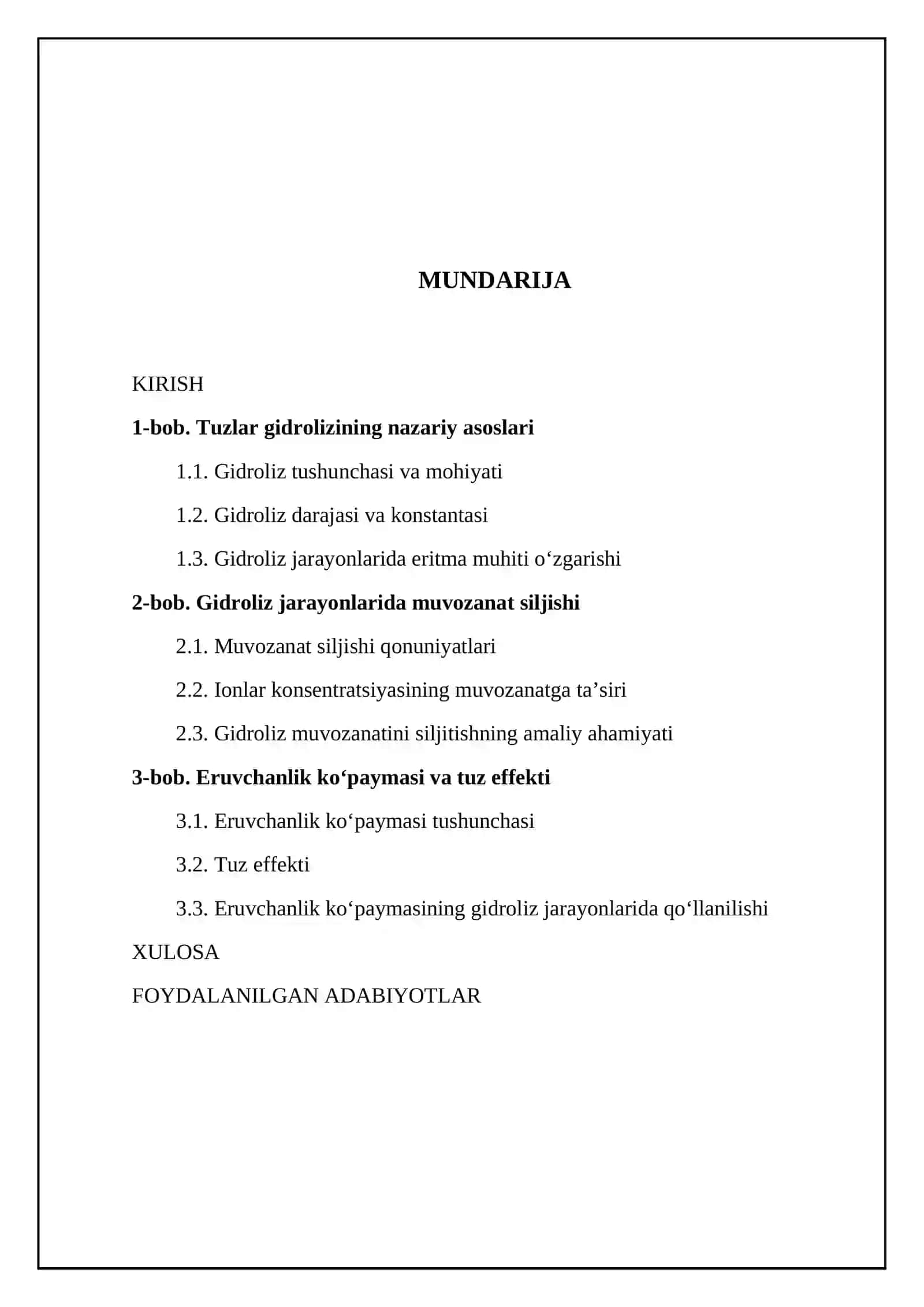 Tuzlar gidrolizi. Gidroliz darajasi va konstantasi. Gidroliz jarayonlarida muvozanatni siljishi. Eruvchanlik ko’paytmasi. Tuz effekti 2