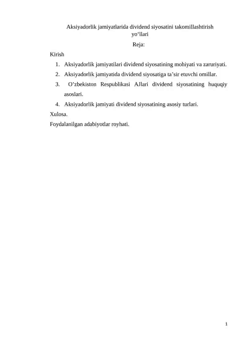 Aksiyadorlik jamiyatlarida dividend siyosatini takomillashtirish yo‘llari 2