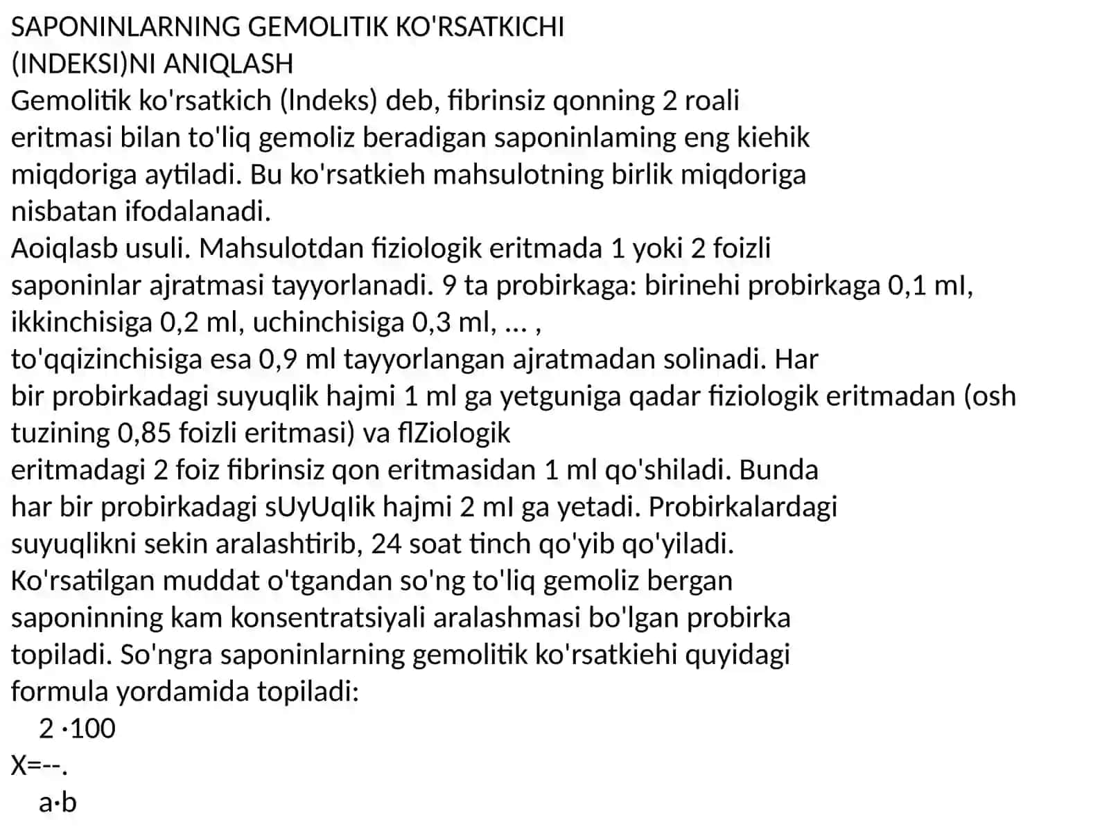 Saponinlarni gemolitik indeksini aniqlash. Manchjutiya aralya o'simligi 2