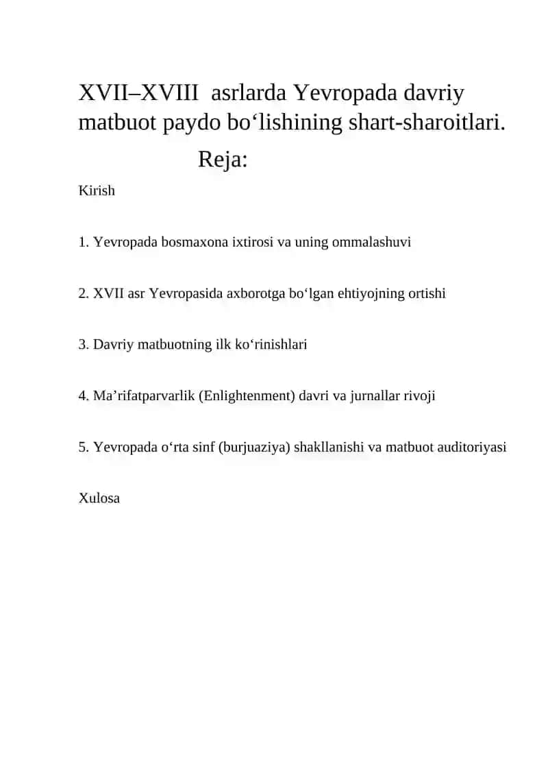 XVII–XVIII asrlarda Yevropada davriy matbuot paydo bo‘lishining shart-sharoitlari 2