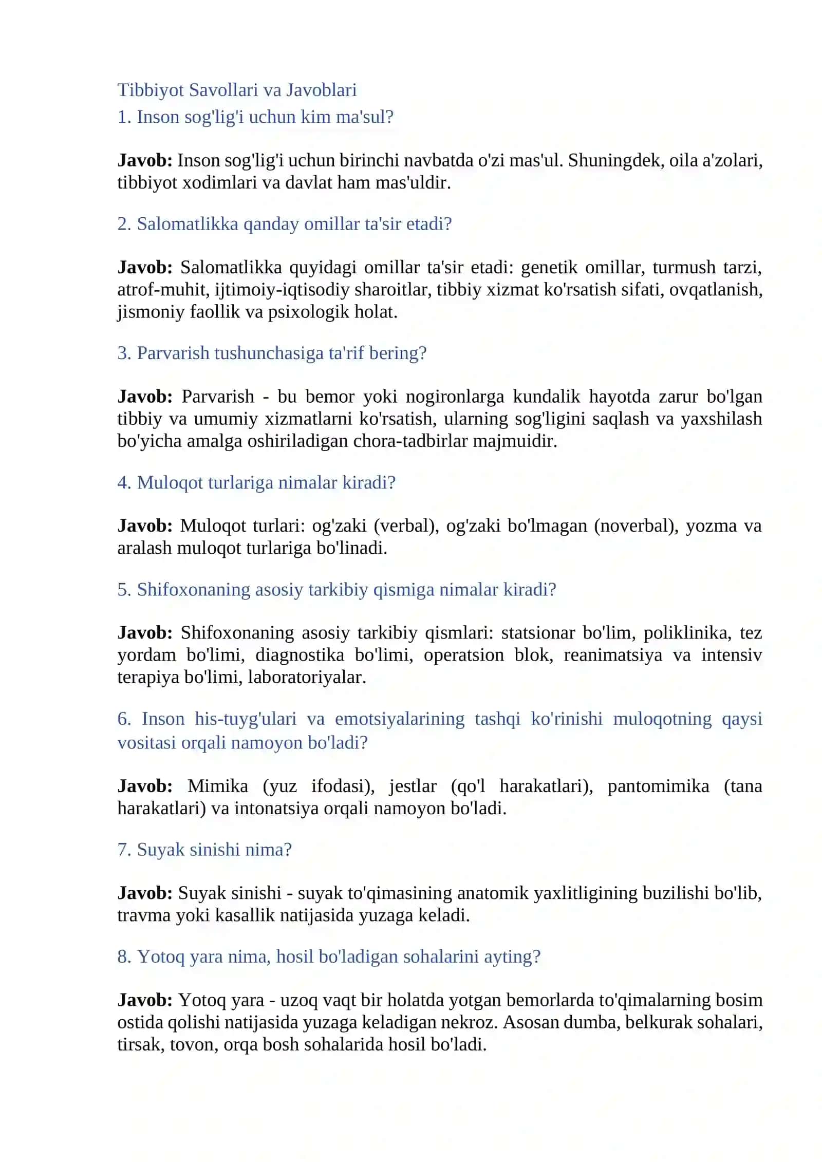 TIBBIYOT HODIMLARI UCHUN ARGOS SUHBAT JAVOBLARI 2