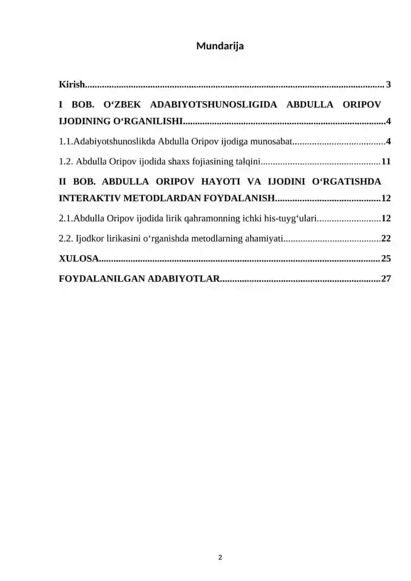 “Lirik asarlardagi badiiy san’at turlarini sharhli o‘rganish(Abdulla Oripov ijodi misolida)” 2