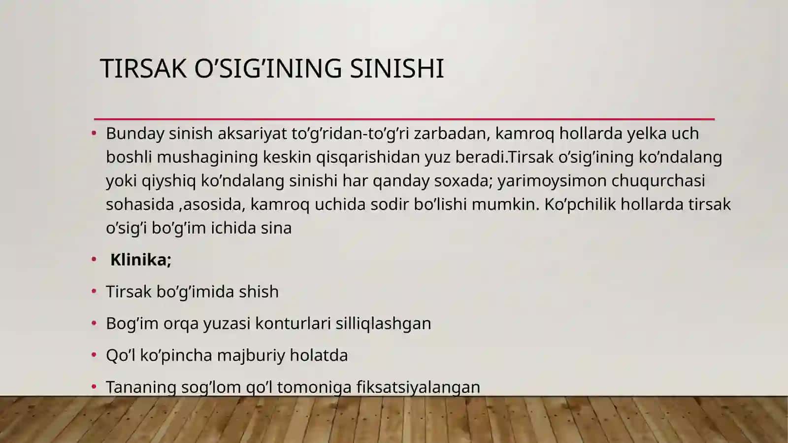 Tirsak bo’g’imi jarohatlari, bilak sinishi, sinib chiqishlari kaft suyaklari jarohatlari 2