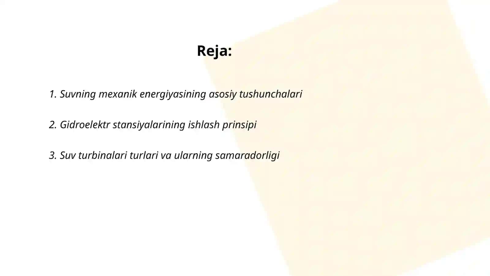 Suvning mexanik energiyasini elektr energiyasiga aylantirish 2