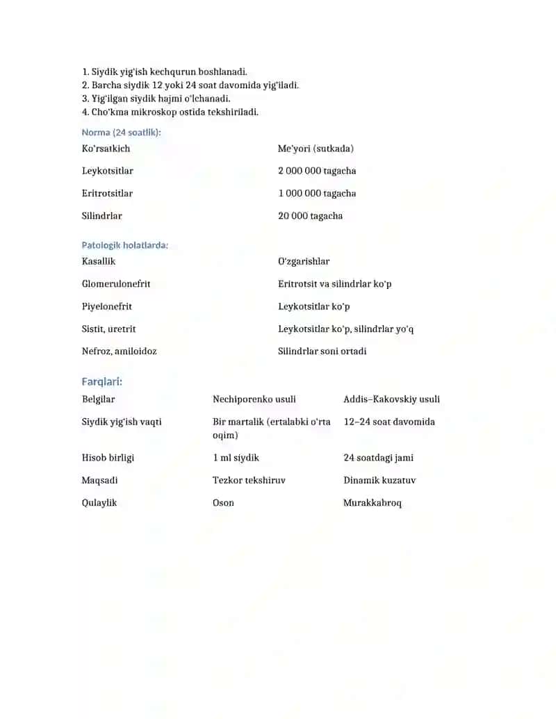 Nechiporenko va Addis Kakovskiy tekshirish usullari 2
