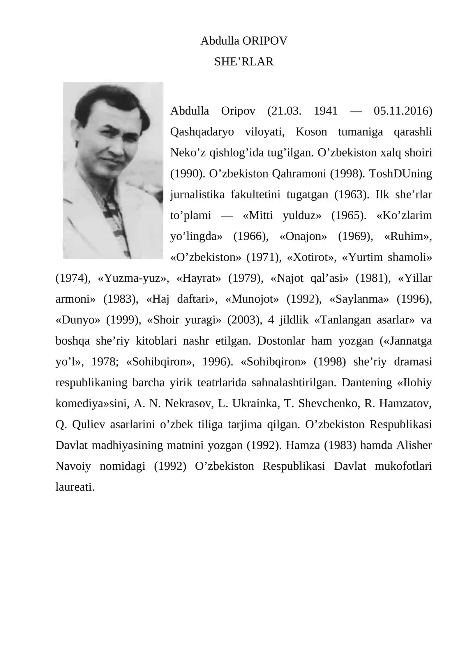 ABDULLA ORIPOV BIRINCHI MUHABBATIM SHERLAR TO'PLAMI 2
