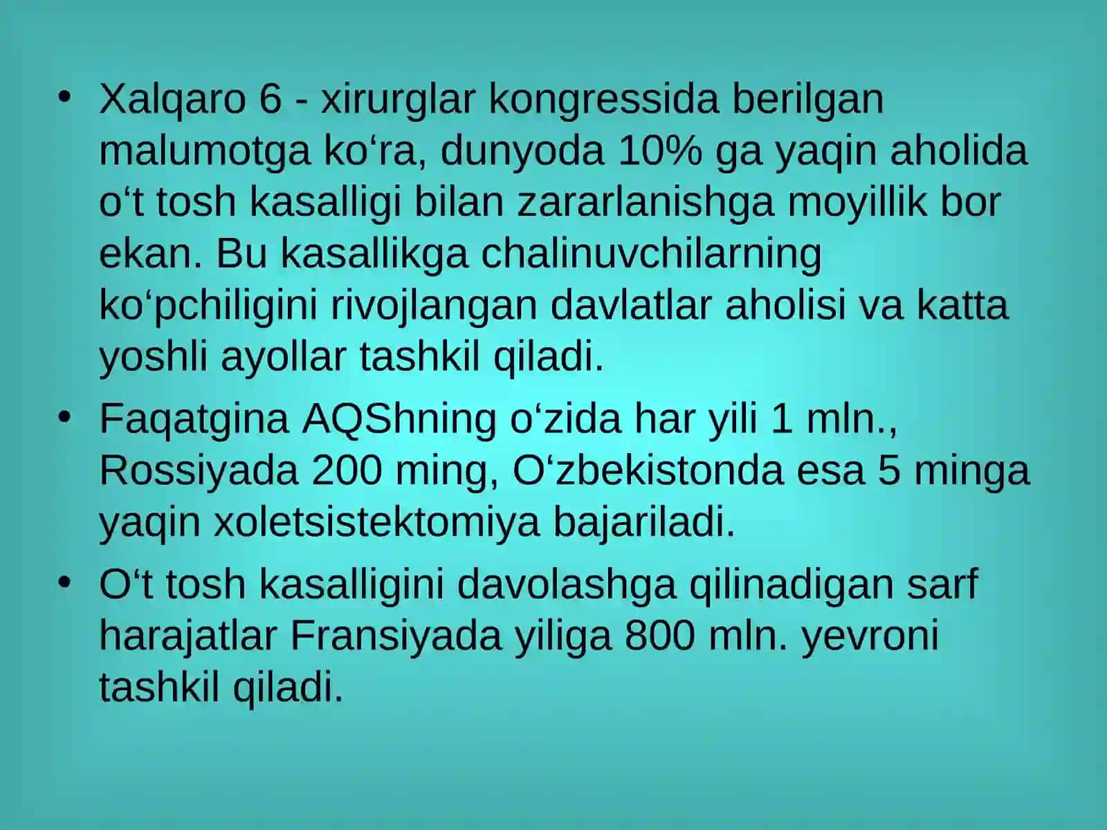 O‘T-TOSH KASALLIKLARI.SURUNKALI VA O‘TKIR TOSHLI XOLETSISTIT VA UNING ASORATLARI 2