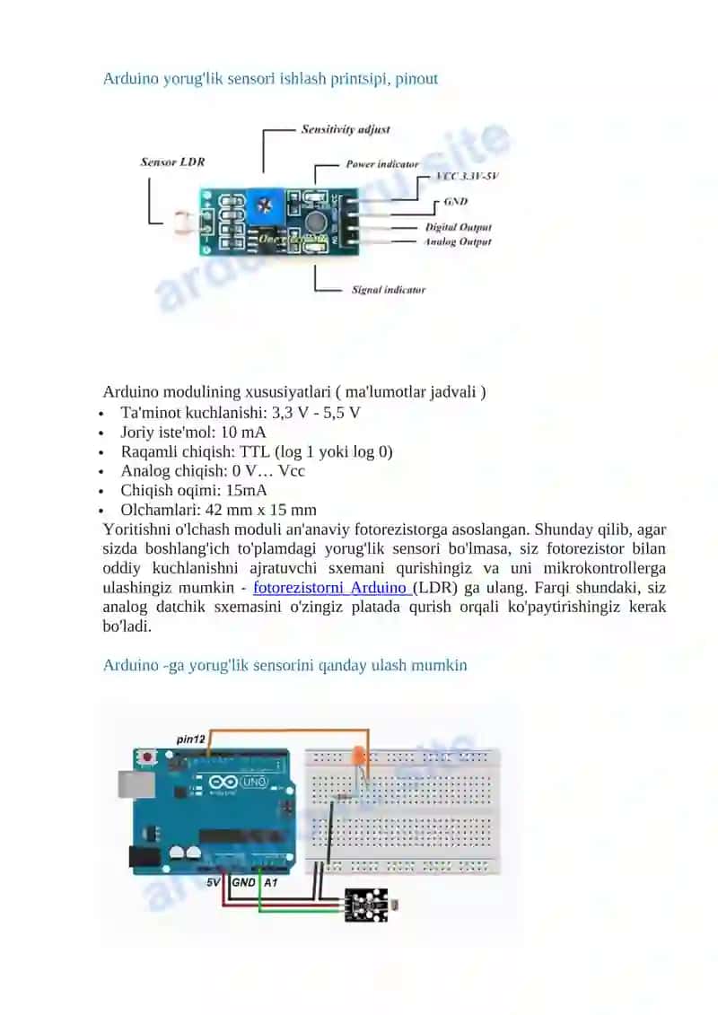 Yorug'lik sensori Arduino ulanishi 2