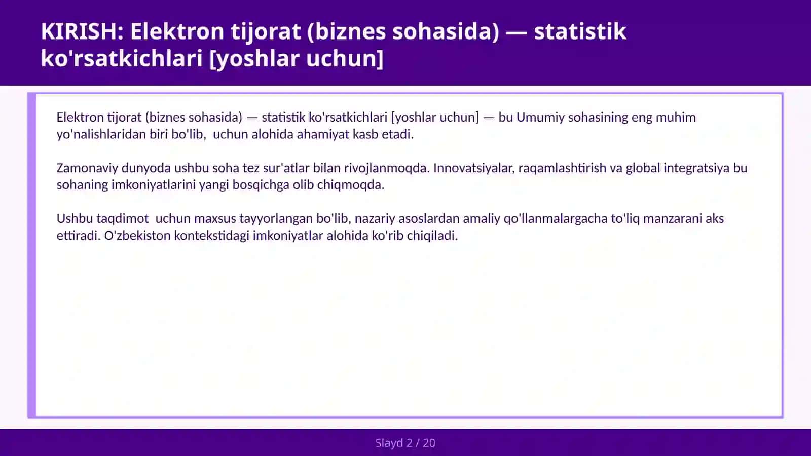 Elektron tijorat (biznes sohasida) — statistik ko'rsatkichlari [yoshlar uchun] 2