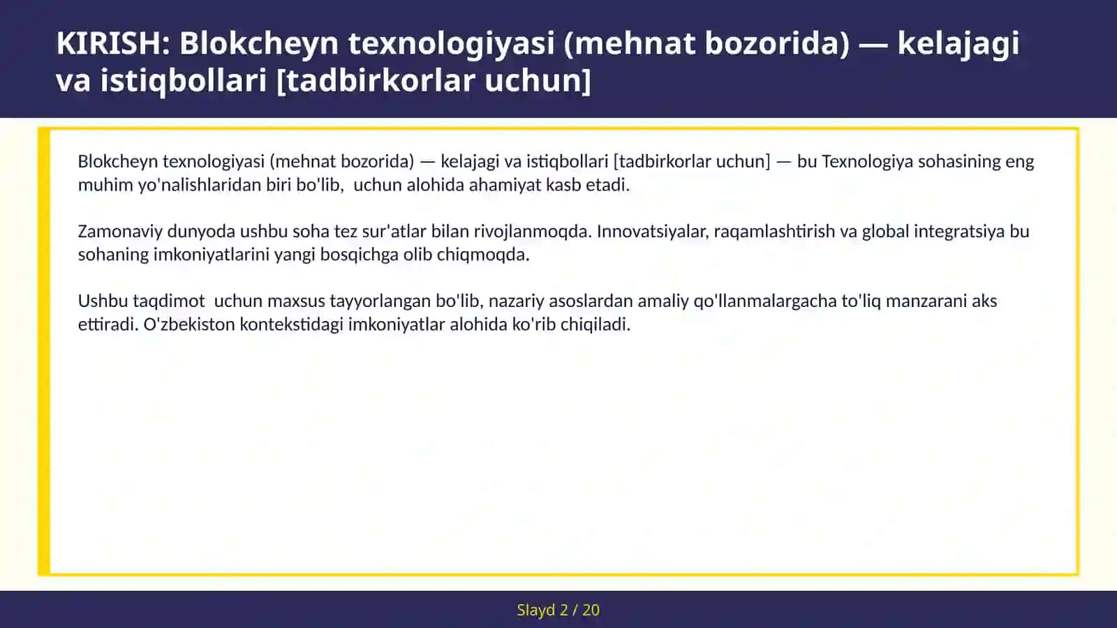 BLOKCHEYN TEXNOLOGIYASI (MEHNAT BOZORIDA) — KELAJAGI VA ISTIQBOLLARI [TADBIRKORLAR UCHUN] 2