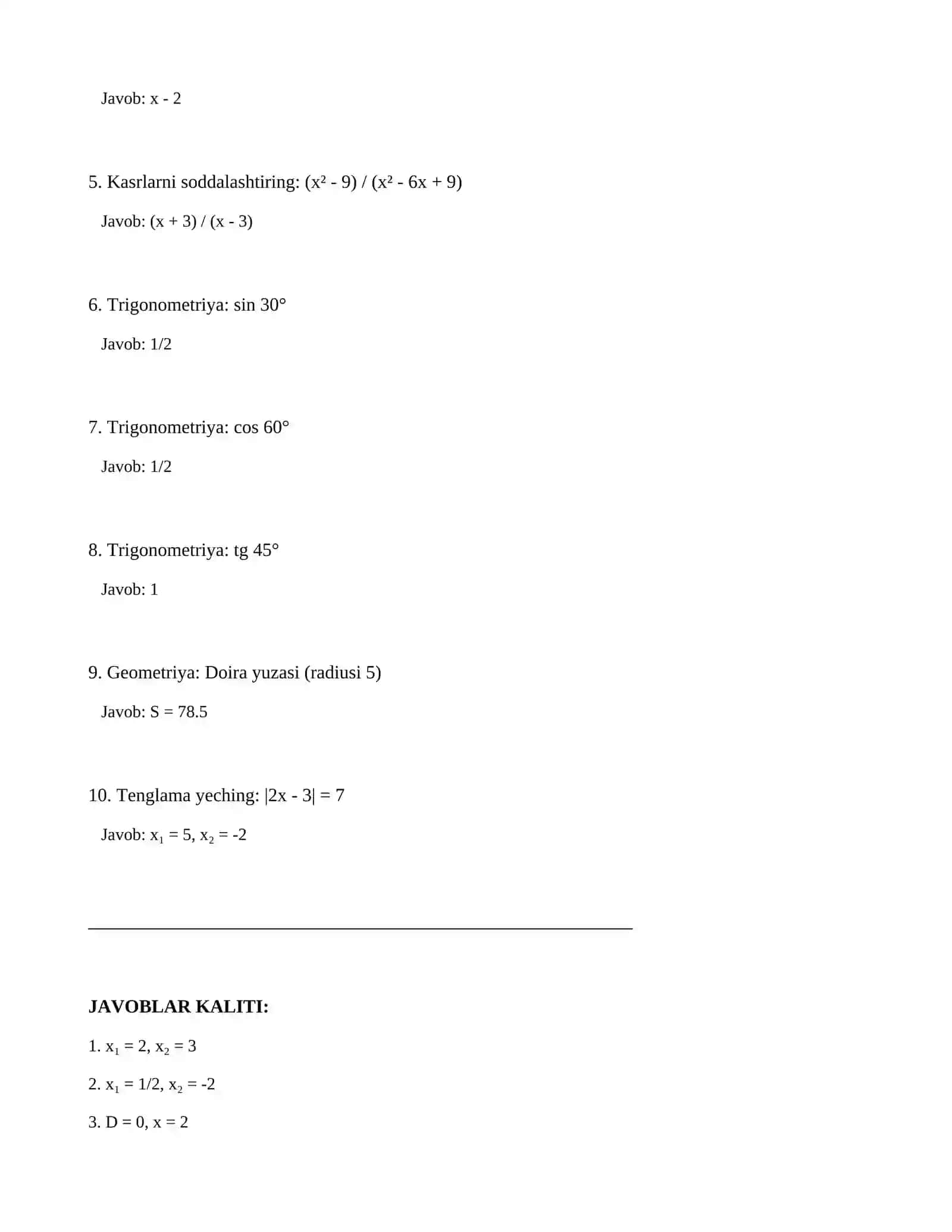 8-sinf - SINF, MATEMATIKA FANIDAN NAZORAT ISHI (Variant: A) 2