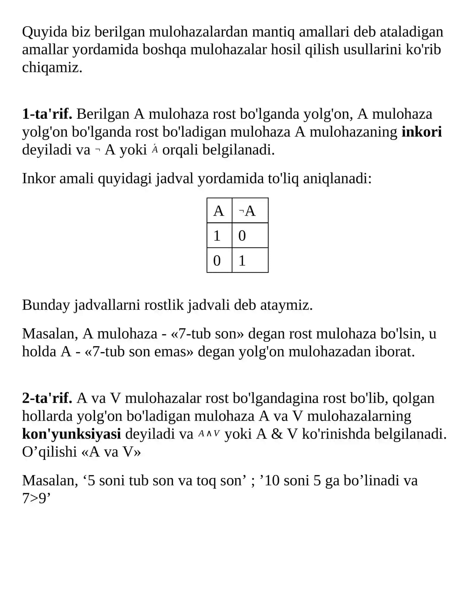 Mulohazalar algebrasi. Boshlang'ich tushunchalar 2