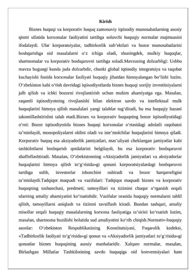 Biznes huquqi korporativ huquq tushunchasi, predmeti, tamoyillari va tizimi 2