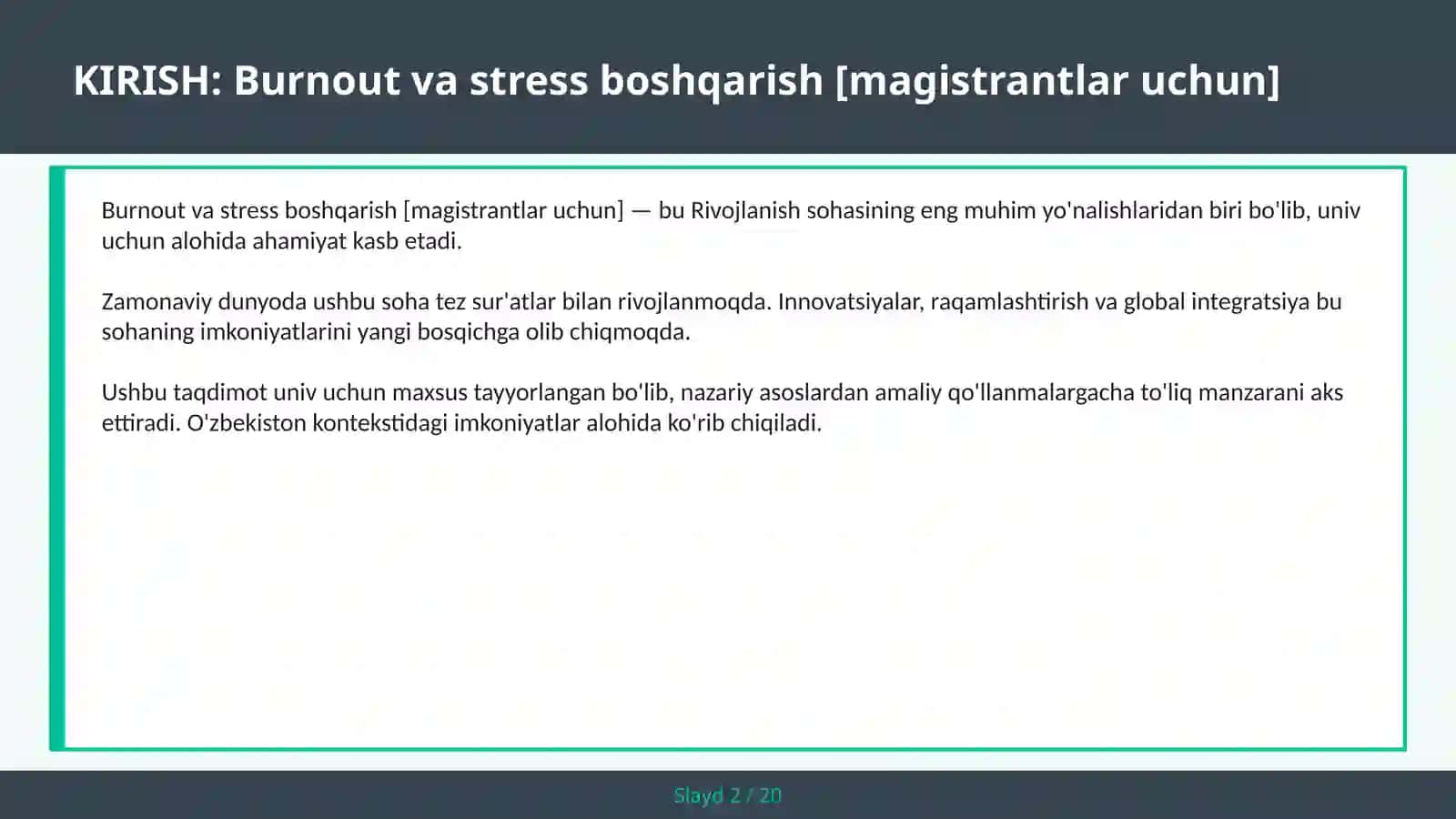 Burnout va stress boshqarish [magistrantlar uchun] 2