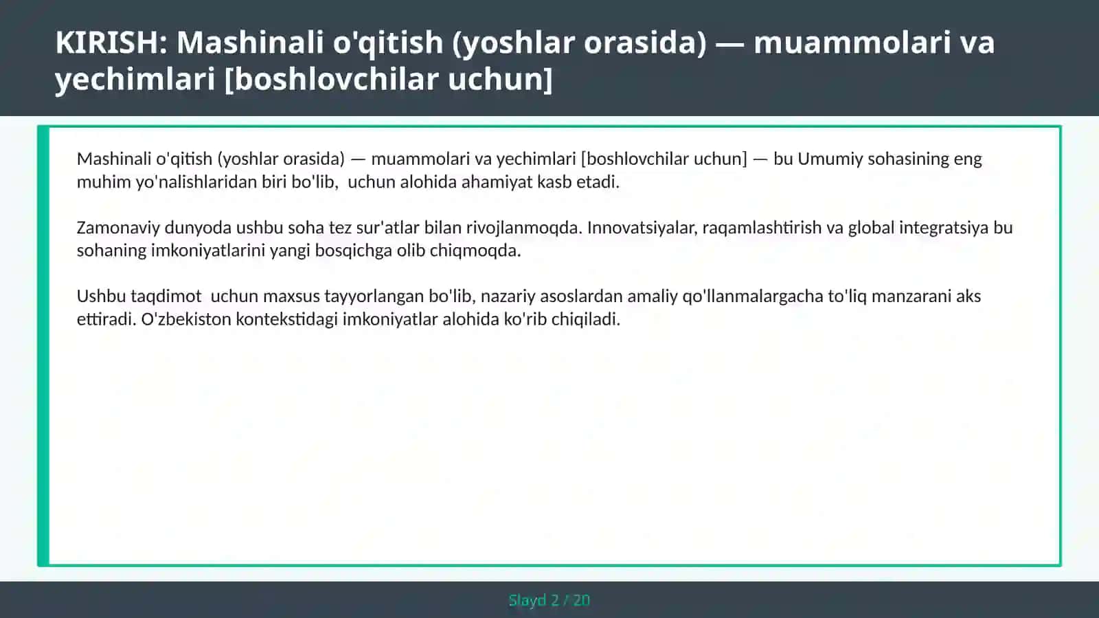 Mashinali O'qitish (Yoshlar Orasida) - Muammolari va Yechimlari [Boshlovchilar Uchun] 2