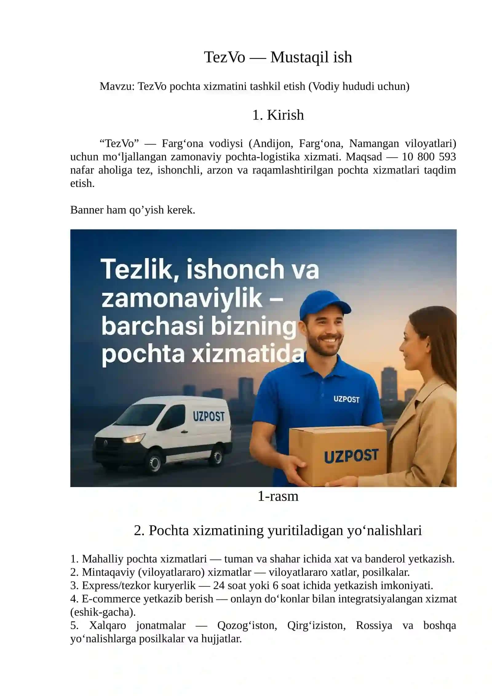 TezVo pochta xizmatini tashkil etish (Vodiy hududi uchun) 2