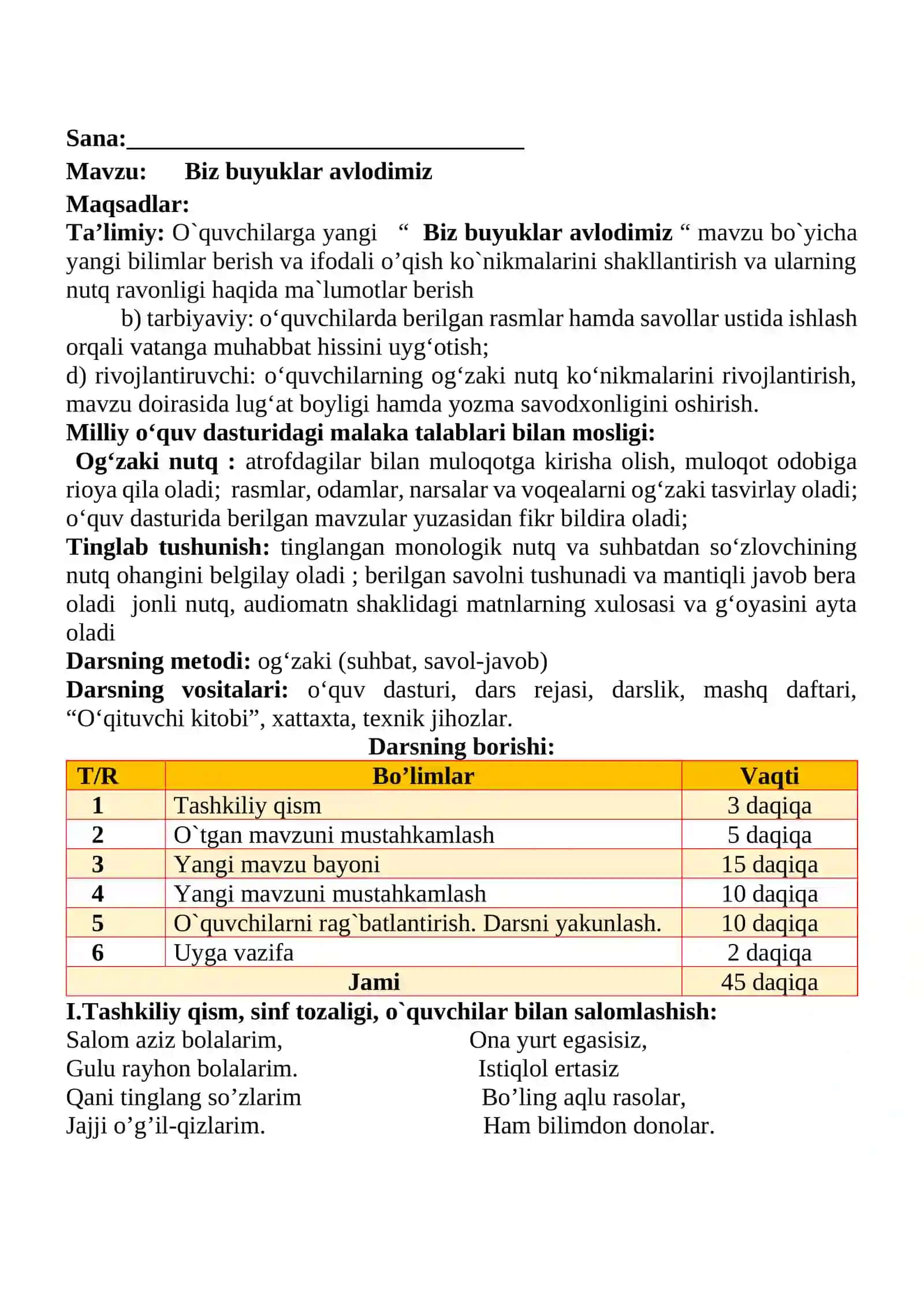Biz buyuklar avlodimiz mavzusida 2-sinf O'qish fanidan dars ishlanmasi 2