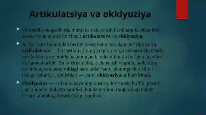 Markaziy jipslashuv. Okklyuzion egrilik. Norma va patologiyadagi okklyuziya. Okklyuziyani shakllanishi. 2