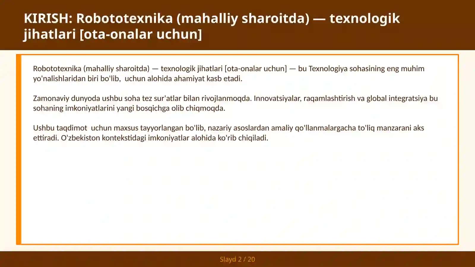 ROBOTOTEXNIKA (MAHALLIY SHAROITDA) — TEXNOLOGIK JIHATLARI [OTA-ONALAR UCHUN] 2