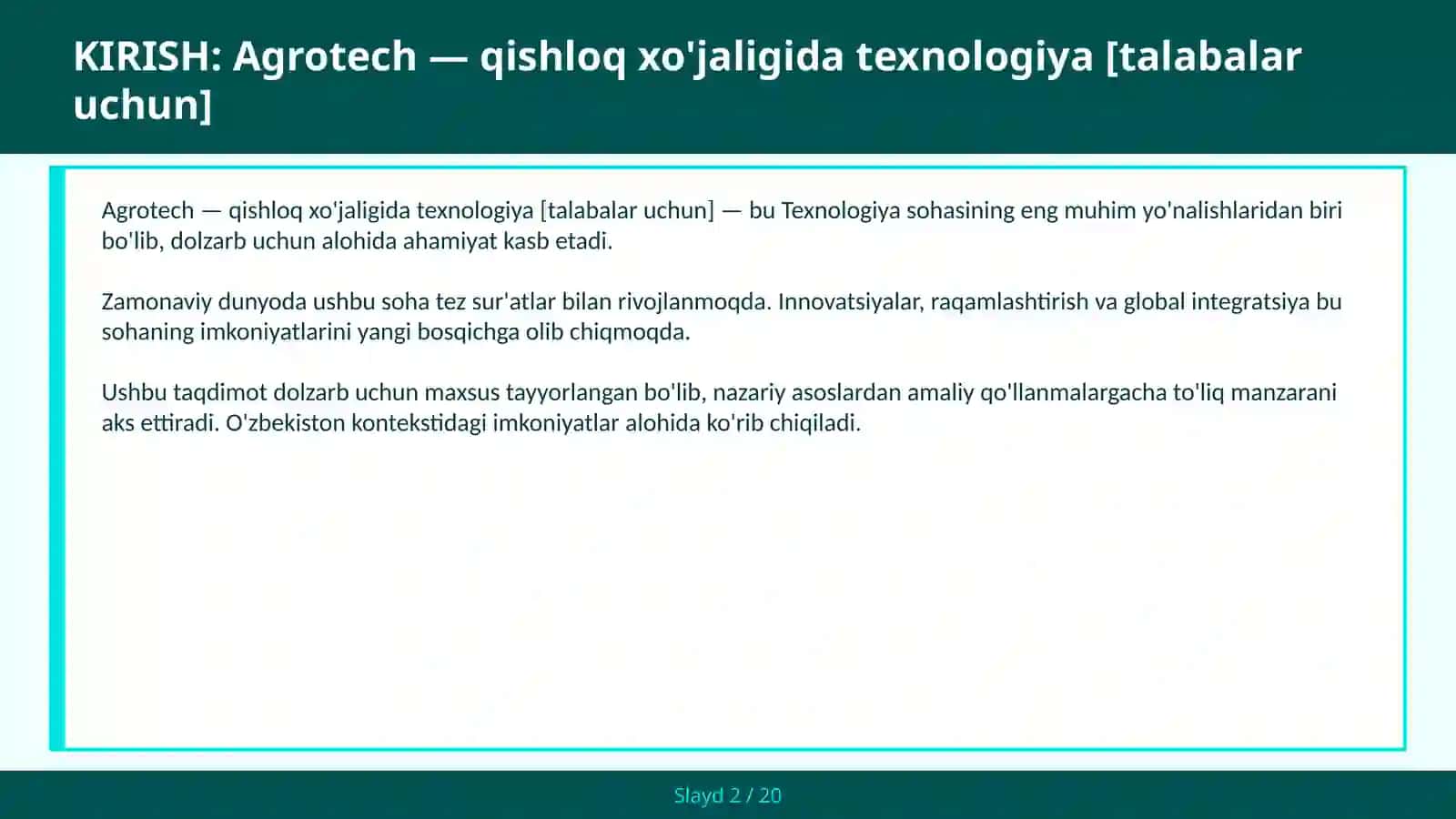Agrotech — qishloq xo'jaligida texnologiya [talabalar uchun] 2