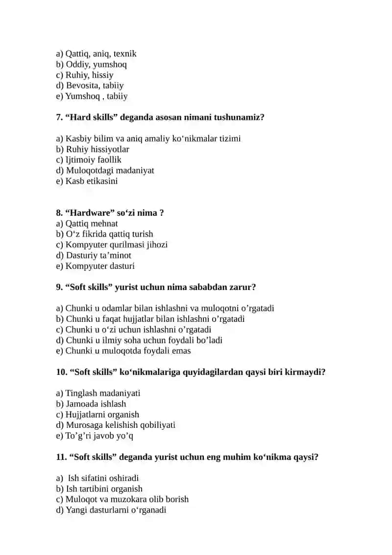 Huquqiy koʻnikmalar va metodologiya fanidan tuzilgan 300+ testlar toʻplami 2