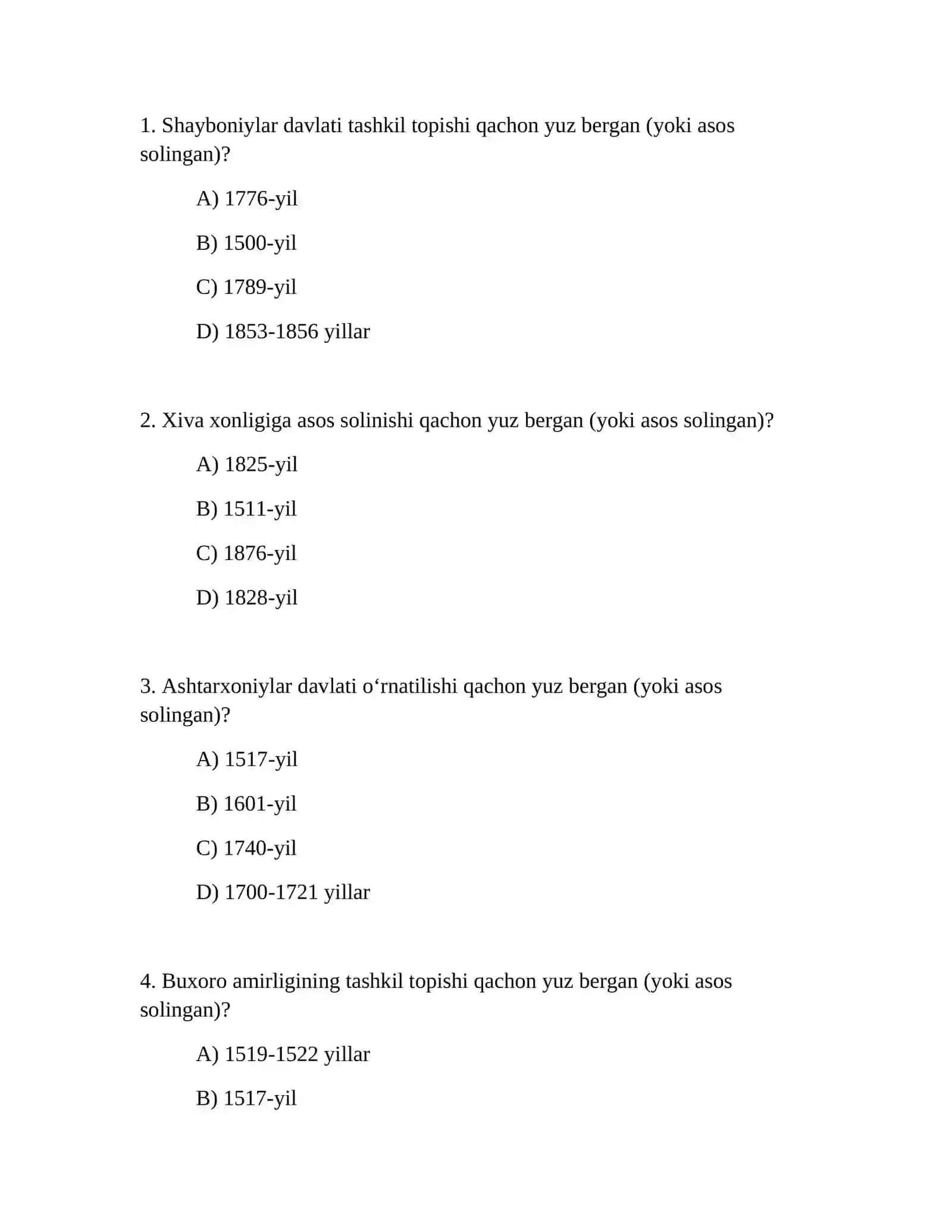 8-sinf Tarix fanidan 300 ta test savollari 2