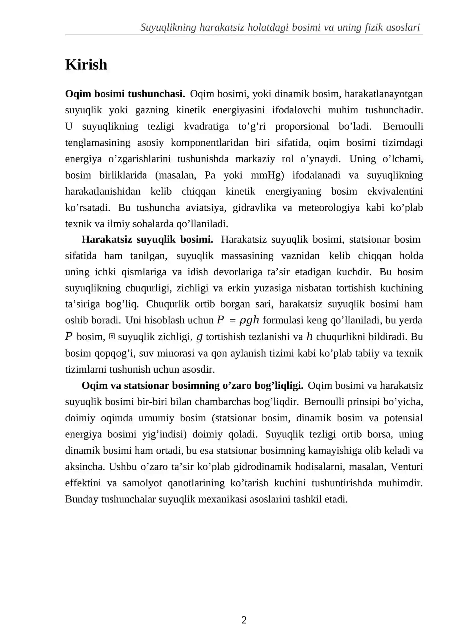 Suyuqlikning harakatsiz holatdagi bosimi va uning fizik asoslari 2