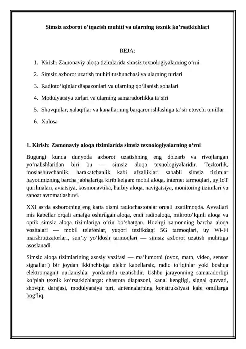 Simsiz axborot o’tqazish muhiti va ularning texnik ko’rsatkichlari 2