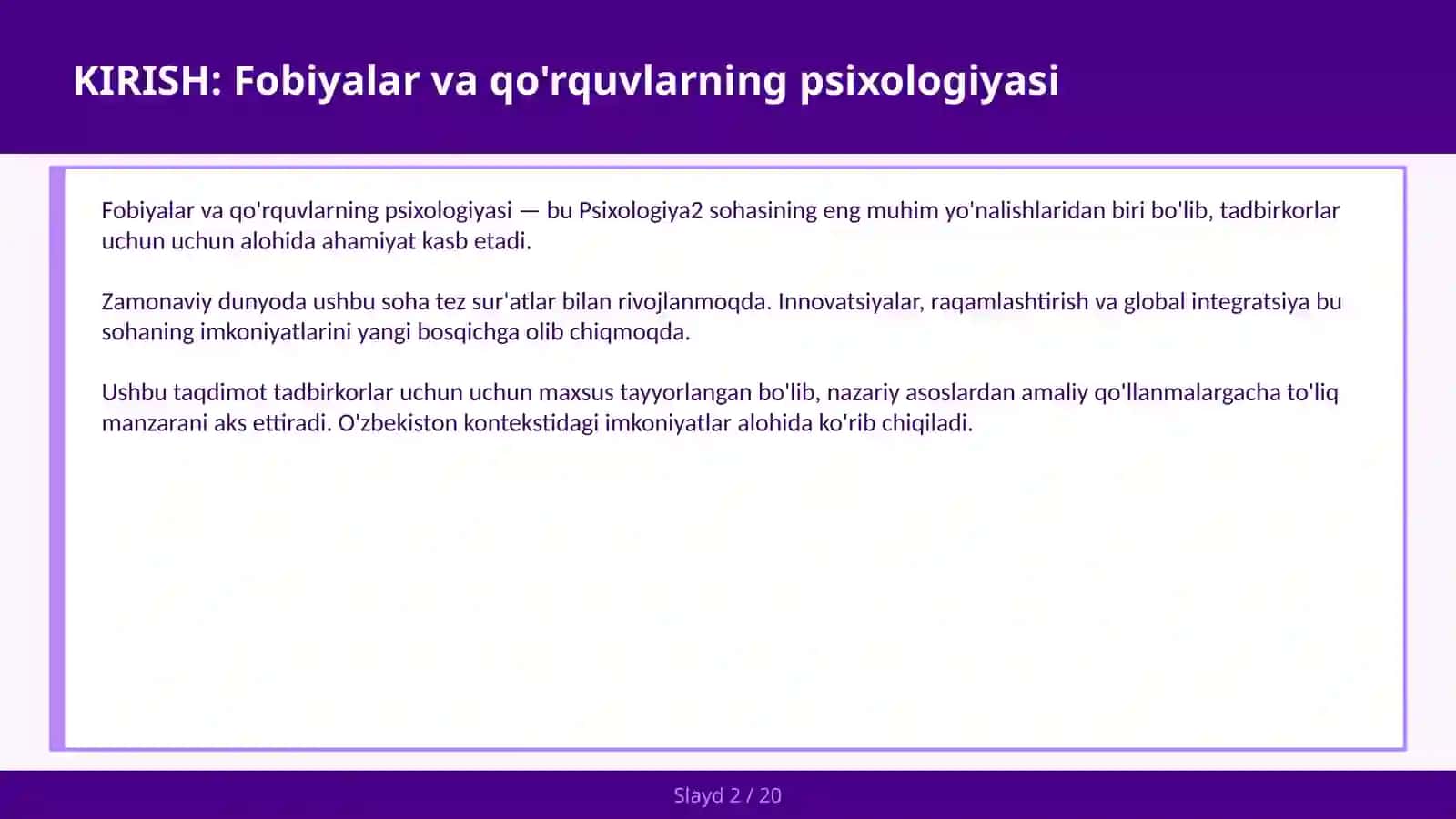 Fobiyalar va Qo'rquvlar Psixologiyasi 2