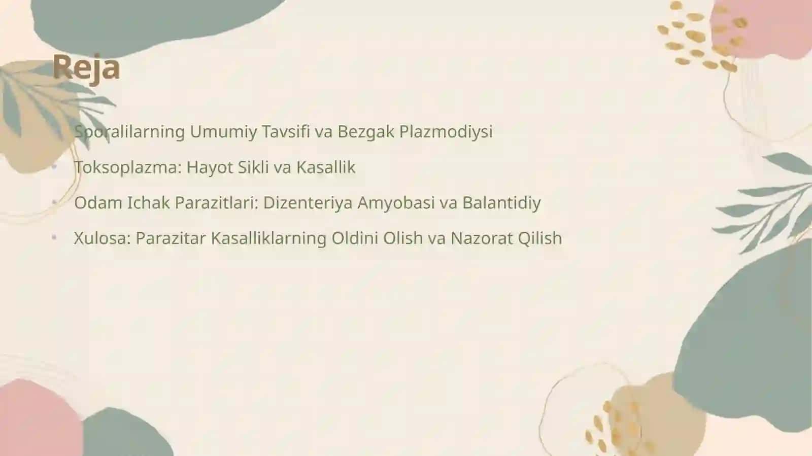 Sporalilarning Umumiy Tavsifi va Bezgak Plazmodiysi 2