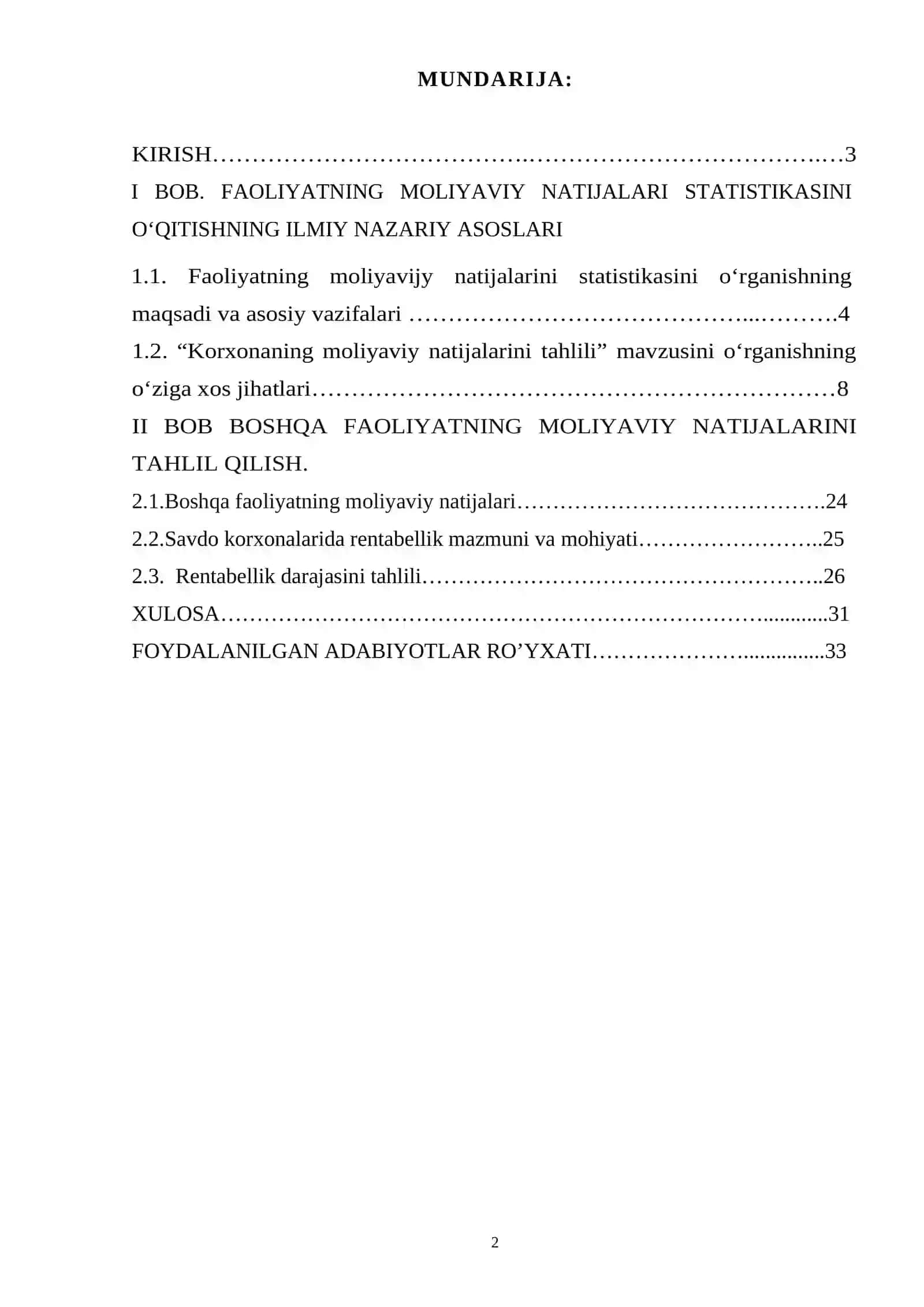 FAOLIYATNING MOLIYAVIY NATIJALARI STATISTIKASI 2